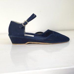 Dark Navy Blue Mesh and Canvas Low Heeled Wedge Mary Janes 6.5 M